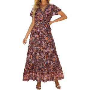 imageZESICA Womens 2025 Bohemian Floral Printed Wrap V Neck Short Sleeve Split Beach Party Maxi DressDark Purple