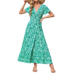 imageZESICA Womens 2025 Bohemian Floral Printed Wrap V Neck Short Sleeve Split Beach Party Maxi DressDustygreen