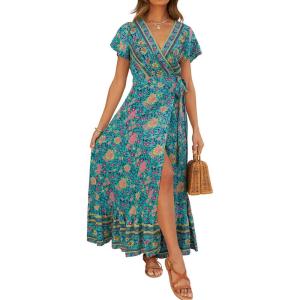 imageZESICA Womens 2025 Bohemian Floral Printed Wrap V Neck Short Sleeve Split Beach Party Maxi DressGreen