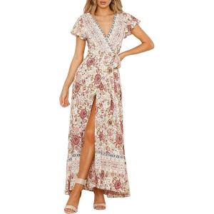 imageZESICA Womens 2025 Bohemian Floral Printed Wrap V Neck Short Sleeve Split Beach Party Maxi DressIvory