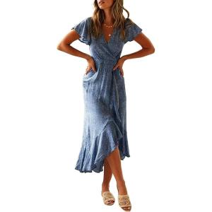 imageZESICA Womens 2025 Bohemian Floral Printed Wrap V Neck Short Sleeve Split Beach Party Maxi DressLight Blue