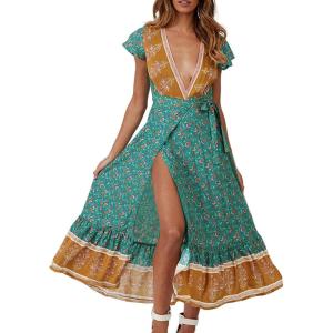 imageZESICA Womens 2025 Bohemian Floral Printed Wrap V Neck Short Sleeve Split Beach Party Maxi DressLight Green