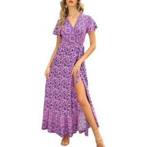 imageZESICA Womens 2025 Bohemian Floral Printed Wrap V Neck Short Sleeve Split Beach Party Maxi DressLightpurple