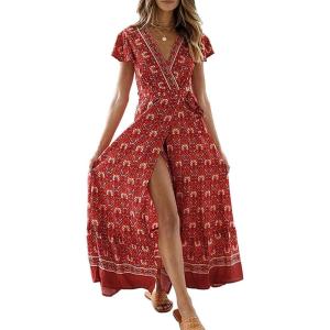 imageZESICA Womens 2025 Bohemian Floral Printed Wrap V Neck Short Sleeve Split Beach Party Maxi DressLychee Red