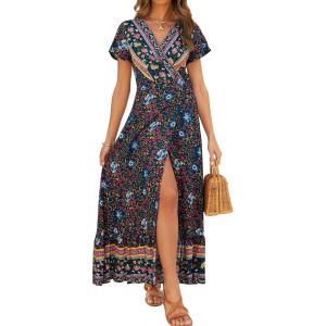 imageZESICA Womens 2025 Bohemian Floral Printed Wrap V Neck Short Sleeve Split Beach Party Maxi DressNavy