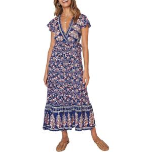 imageZESICA Womens 2025 Bohemian Floral Printed Wrap V Neck Short Sleeve Split Beach Party Maxi DressNavy Blue