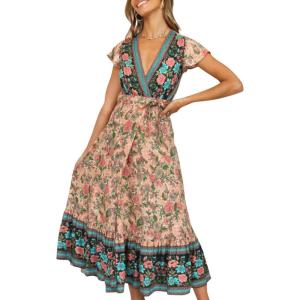 imageZESICA Womens 2025 Bohemian Floral Printed Wrap V Neck Short Sleeve Split Beach Party Maxi DressNude