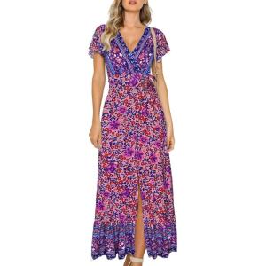 imageZESICA Womens 2025 Bohemian Floral Printed Wrap V Neck Short Sleeve Split Beach Party Maxi DressPurple