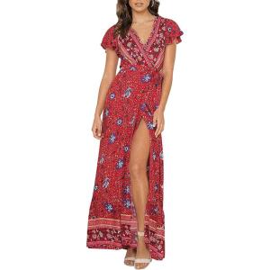 imageZESICA Womens 2025 Bohemian Floral Printed Wrap V Neck Short Sleeve Split Beach Party Maxi DressRed