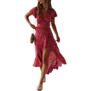 imageZESICA Womens 2025 Bohemian Floral Printed Wrap V Neck Short Sleeve Split Beach Party Maxi DressRedfloral