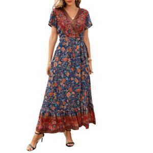 imageZESICA Womens 2025 Bohemian Floral Printed Wrap V Neck Short Sleeve Split Beach Party Maxi DressRoyal Blue