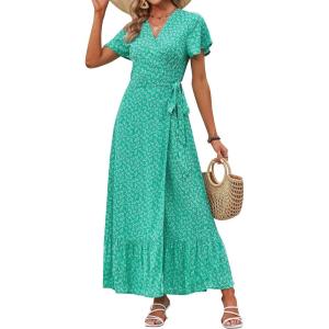 imageZESICA Womens 2025 Bohemian Floral Printed Wrap V Neck Short Sleeve Split Beach Party Maxi DressSpringgreen