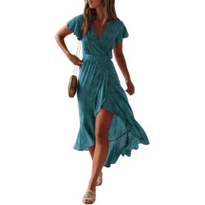 imageZESICA Womens 2025 Bohemian Floral Printed Wrap V Neck Short Sleeve Split Beach Party Maxi DressTeal