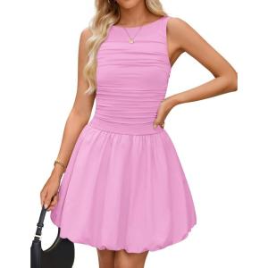 imageZESICA Womens 2025 Summer Boho Sleeveless Ruched Mini Dresses Scoop Neck Bubble A Line Short Tank SundressPink