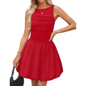 imageZESICA Womens 2025 Summer Boho Sleeveless Ruched Mini Dresses Scoop Neck Bubble A Line Short Tank SundressRed