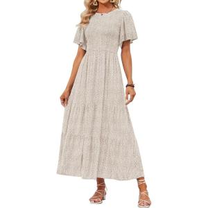 imageZESICA Womens 2025 Summer Casual Floral Print Short Flutter Sleeve Crew Neck Smocked High Waist Flowy Maxi DressBeige