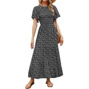 imageZESICA Womens 2025 Summer Casual Floral Print Short Flutter Sleeve Crew Neck Smocked High Waist Flowy Maxi DressBlack
