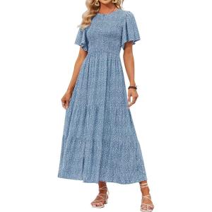 imageZESICA Womens 2025 Summer Casual Floral Print Short Flutter Sleeve Crew Neck Smocked High Waist Flowy Maxi DressBlue