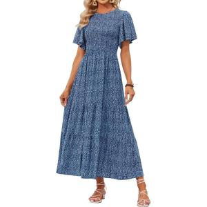 imageZESICA Womens 2025 Summer Casual Floral Print Short Flutter Sleeve Crew Neck Smocked High Waist Flowy Maxi DressDarkblue
