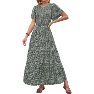 imageZESICA Womens 2025 Summer Casual Floral Print Short Flutter Sleeve Crew Neck Smocked High Waist Flowy Maxi DressDarkgreen