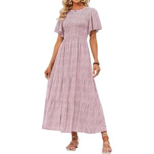 imageZESICA Womens 2025 Summer Casual Floral Print Short Flutter Sleeve Crew Neck Smocked High Waist Flowy Maxi DressDarkpink