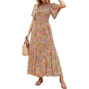 imageZESICA Womens 2025 Summer Casual Floral Print Short Flutter Sleeve Crew Neck Smocked High Waist Flowy Maxi DressGreygreen