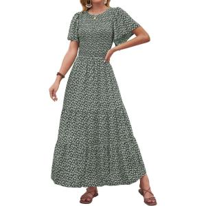 imageZESICA Womens 2025 Summer Casual Floral Print Short Flutter Sleeve Crew Neck Smocked High Waist Flowy Maxi DressOlive