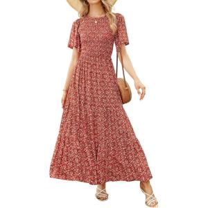imageZESICA Womens 2025 Summer Casual Floral Print Short Flutter Sleeve Crew Neck Smocked High Waist Flowy Maxi DressOrangered