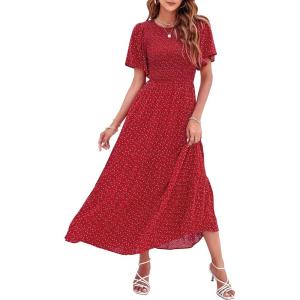 imageZESICA Womens 2025 Summer Casual Floral Print Short Flutter Sleeve Crew Neck Smocked High Waist Flowy Maxi DressRed