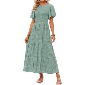 imageZESICA Womens 2025 Summer Casual Floral Print Short Flutter Sleeve Crew Neck Smocked High Waist Flowy Maxi DressSage