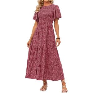imageZESICA Womens 2025 Summer Casual Floral Print Short Flutter Sleeve Crew Neck Smocked High Waist Flowy Maxi DressVintagered