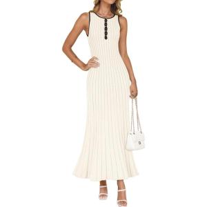imageZESICA Womens 2025 Summer Long Maxi Dress Sleeveless Crew Neck Hollow Out Pleated Ribbed Knit Swing Tank DressesApricot