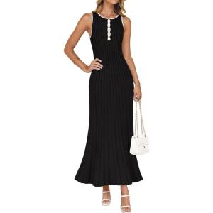 imageZESICA Womens 2025 Summer Long Maxi Dress Sleeveless Crew Neck Hollow Out Pleated Ribbed Knit Swing Tank DressesBlack