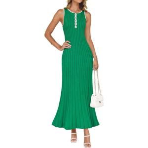 imageZESICA Womens 2025 Summer Long Maxi Dress Sleeveless Crew Neck Hollow Out Pleated Ribbed Knit Swing Tank DressesGreen