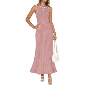 imageZESICA Womens 2025 Summer Long Maxi Dress Sleeveless Crew Neck Hollow Out Pleated Ribbed Knit Swing Tank DressesPink