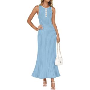 imageZESICA Womens 2025 Summer Long Maxi Dress Sleeveless Crew Neck Hollow Out Pleated Ribbed Knit Swing Tank DressesSky