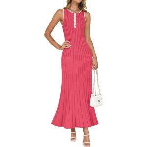 imageZESICA Womens 2025 Summer Long Maxi Dress Sleeveless Crew Neck Hollow Out Pleated Ribbed Knit Swing Tank DressesWatermelonred