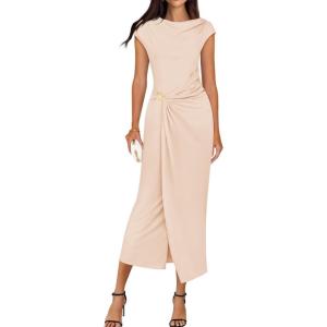 imageZESICA Womens 2025 Summer Mock Neck Casual Bodycon Dress Cap Sleeve Elegant Cocktail Party Long Midi DressesApricot