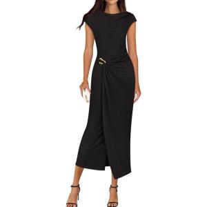 imageZESICA Womens 2025 Summer Mock Neck Casual Bodycon Dress Cap Sleeve Elegant Cocktail Party Long Midi DressesBlack