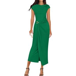 imageZESICA Womens 2025 Summer Mock Neck Casual Bodycon Dress Cap Sleeve Elegant Cocktail Party Long Midi DressesGreen