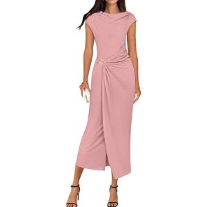 imageZESICA Womens 2025 Summer Mock Neck Casual Bodycon Dress Cap Sleeve Elegant Cocktail Party Long Midi DressesPink