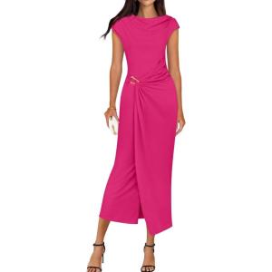 imageZESICA Womens 2025 Summer Mock Neck Casual Bodycon Dress Cap Sleeve Elegant Cocktail Party Long Midi DressesRose