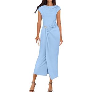 imageZESICA Womens 2025 Summer Mock Neck Casual Bodycon Dress Cap Sleeve Elegant Cocktail Party Long Midi DressesSky