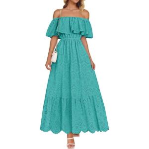 imageZESICA Womens 2025 Summer Off Shoulder Ruffle Midi Dress Short Sleeve High Waist Hollow Out Embroidery Party DressesAqua