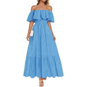 imageZESICA Womens 2025 Summer Off Shoulder Ruffle Midi Dress Short Sleeve High Waist Hollow Out Embroidery Party DressesBlue
