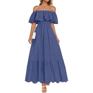 imageZESICA Womens 2025 Summer Off Shoulder Ruffle Midi Dress Short Sleeve High Waist Hollow Out Embroidery Party DressesDusty Blue