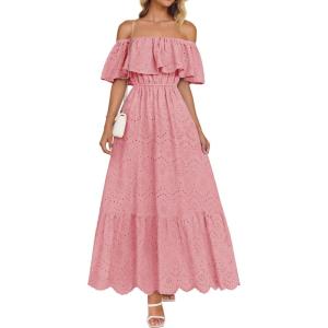imageZESICA Womens 2025 Summer Off Shoulder Ruffle Midi Dress Short Sleeve High Waist Hollow Out Embroidery Party DressesLight Pink