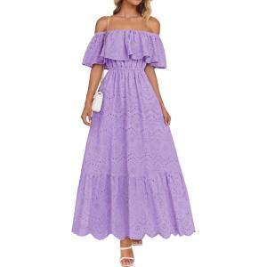 imageZESICA Womens 2025 Summer Off Shoulder Ruffle Midi Dress Short Sleeve High Waist Hollow Out Embroidery Party DressesLight Purple