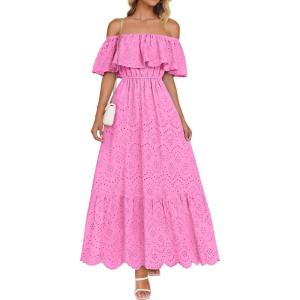 imageZESICA Womens 2025 Summer Off Shoulder Ruffle Midi Dress Short Sleeve High Waist Hollow Out Embroidery Party DressesPink