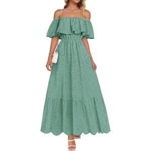 imageZESICA Womens 2025 Summer Off Shoulder Ruffle Midi Dress Short Sleeve High Waist Hollow Out Embroidery Party DressesSage